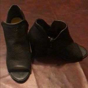 Black leather peep toe booties